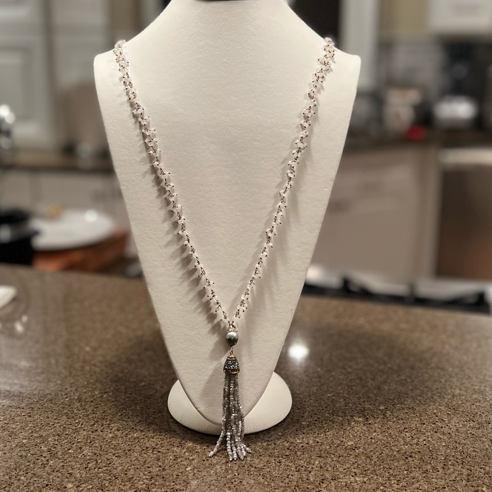 Gorgeous Moonstone, Quartz, Crystal & Tahitian black pearl necklace